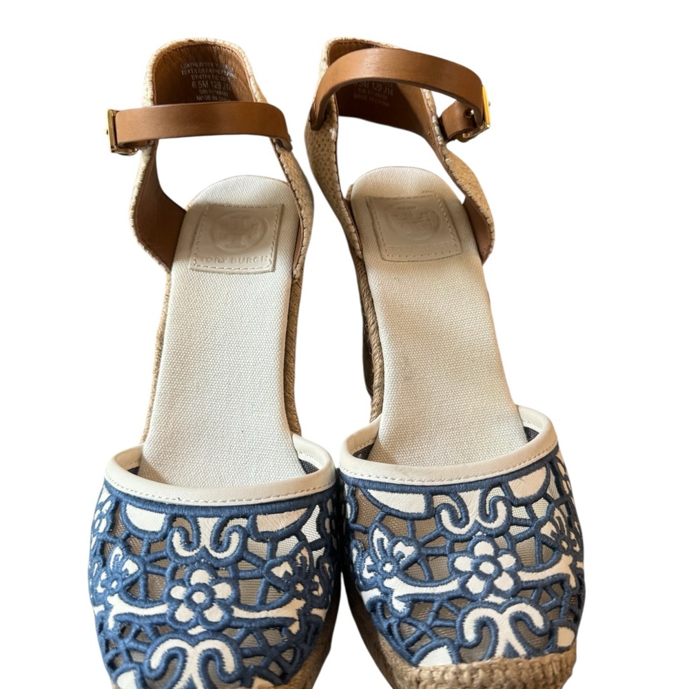 Tory Burch Navy Blue Lucia Embroidered Espadrille Wedge w/ Ankle Strap Sz 6 1/2 - Picture 2 of 5